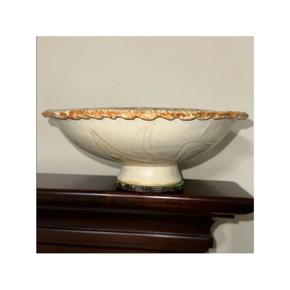 Vintage Hand Made Pottery Bowl Ivory Wheat Leaves